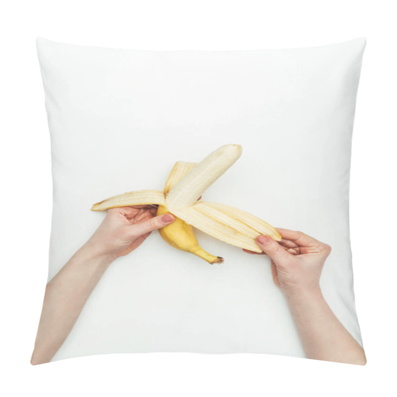 Personality  Cropped Image Of Woman Peeling Banana Isolated On White Pillow Covers