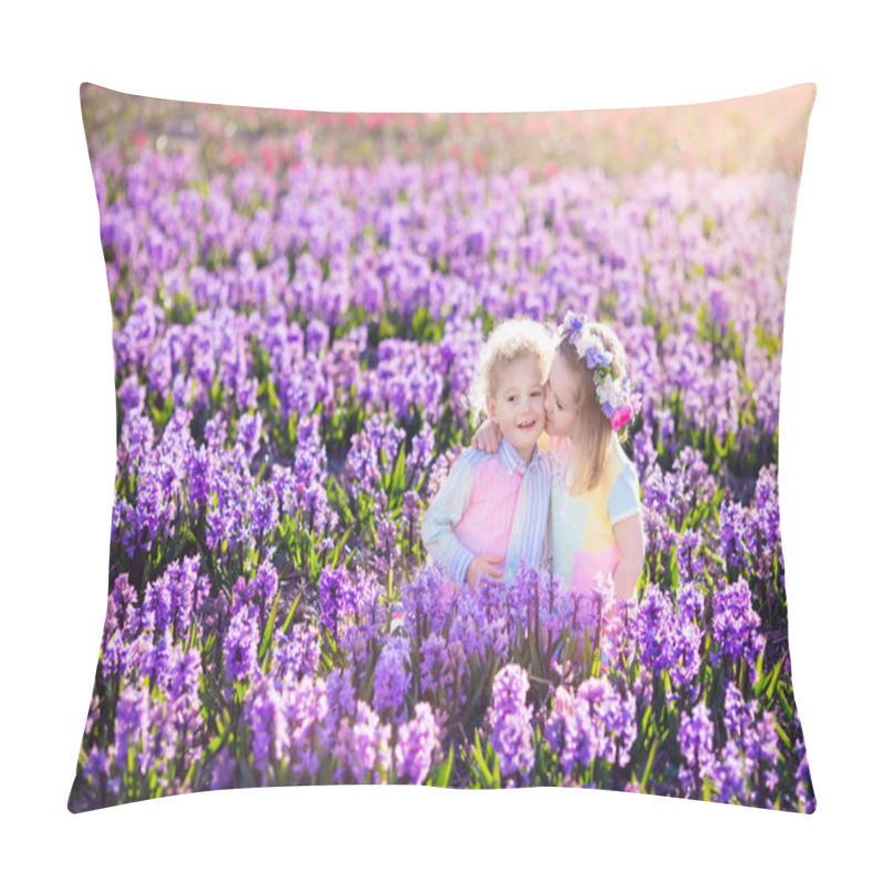 Personality  Kids Playing In Blooming Garden With Hyacinth Flowers Pillow Covers