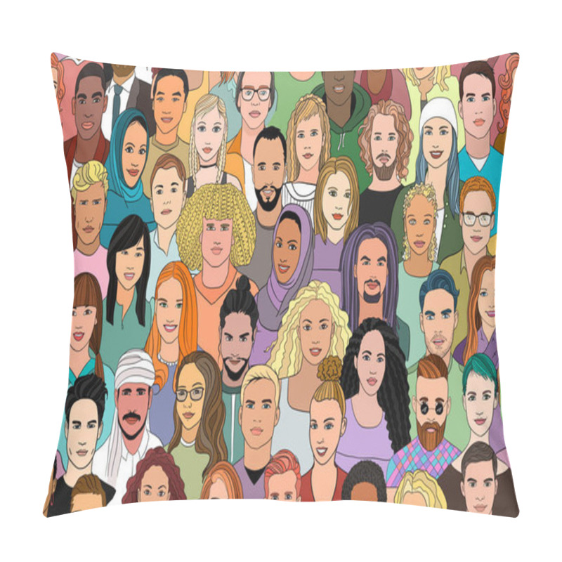 Personality  A Large Set Of Faces Of Young People Of Different Nationalities. Seamless Drawn Creative Pattern. Pillow Covers