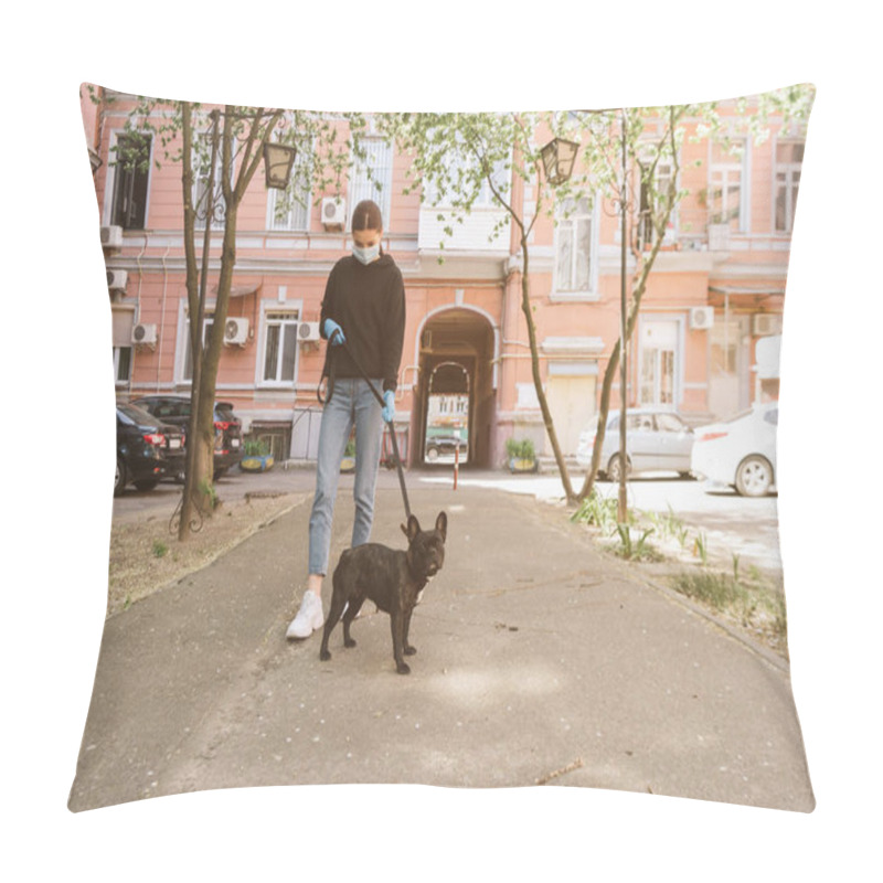 Personality  Young Woman In Medical Mask And Latex Gloves Walking With French Bulldog On Street  Pillow Covers