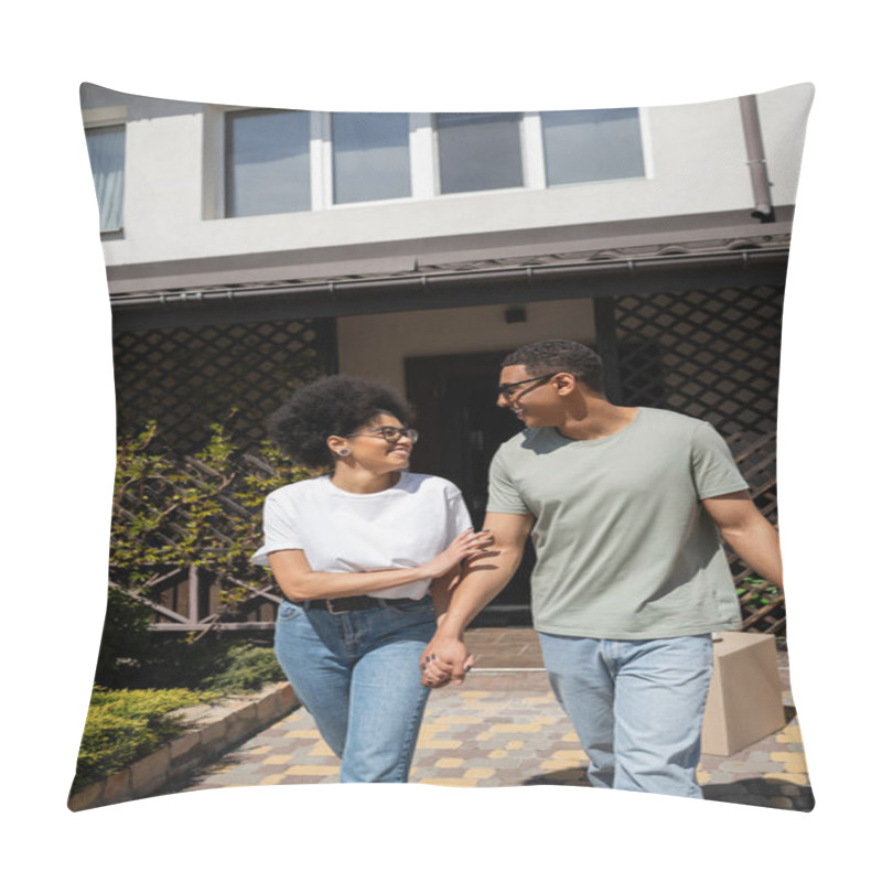 Personality  Smiling African American Woman Holding Hand Of Boyfriend In Sunglasses Near New House Pillow Covers