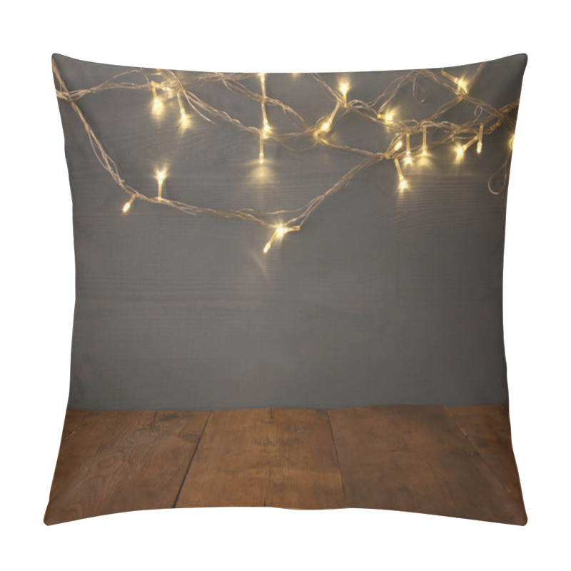 Personality  Empty Table In Front Of Christmas Warm Gold Garland Lights Pillow Covers