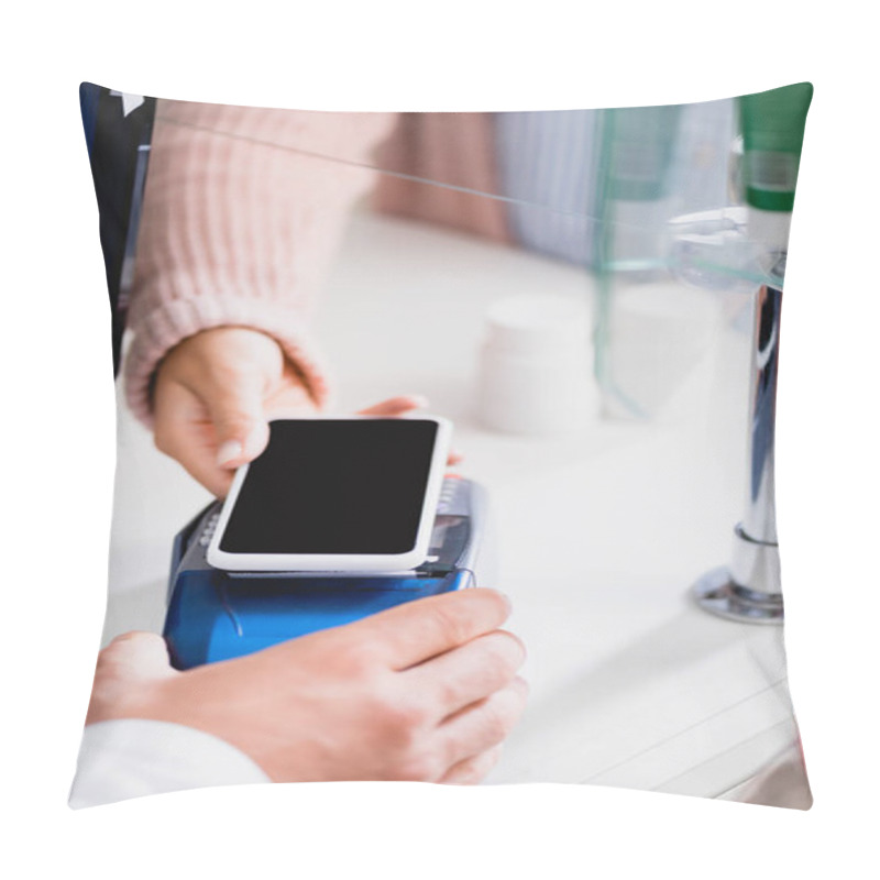 Personality  Cropped View Of Woman Paying With Smartphone In Drugstore  Pillow Covers