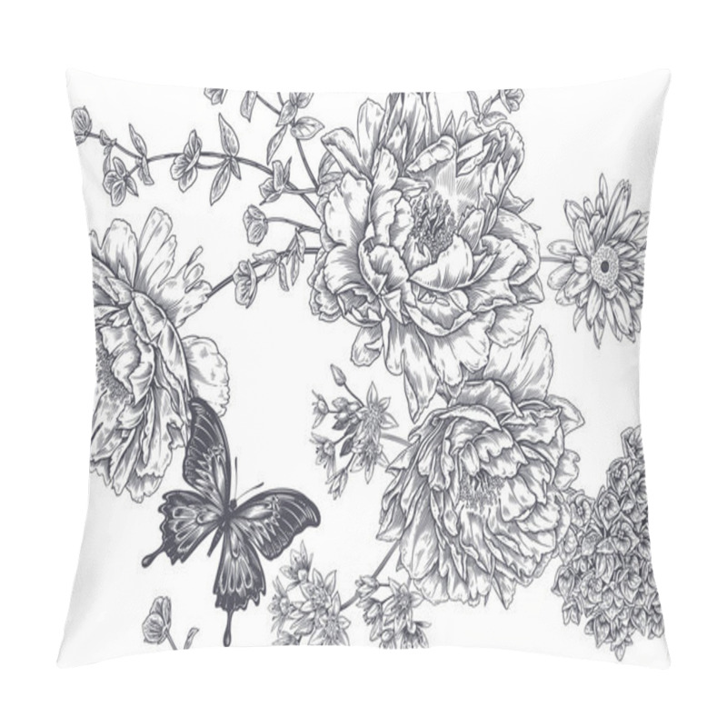 Personality  Floral Summer Background. Black And White Seamless Pattern. Blooming Flowers And Butterflies. Roses, Peonies, Hydrangea. Vintage Template For Paper, Wallpapers, Textiles. Vector Illustration. Pillow Covers