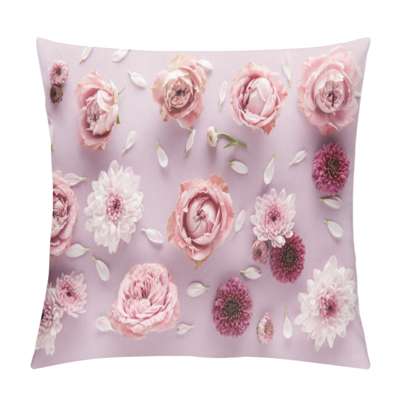 Personality  Top View Of Blooming Spring Chrysanthemums And Roses With Petals On Violet Background Pillow Covers