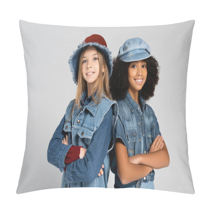 Personality  Cheerful, Trendy Interracial Girls Smiling At Camera While Standing With Crossed Arms On Grey Pillow Covers