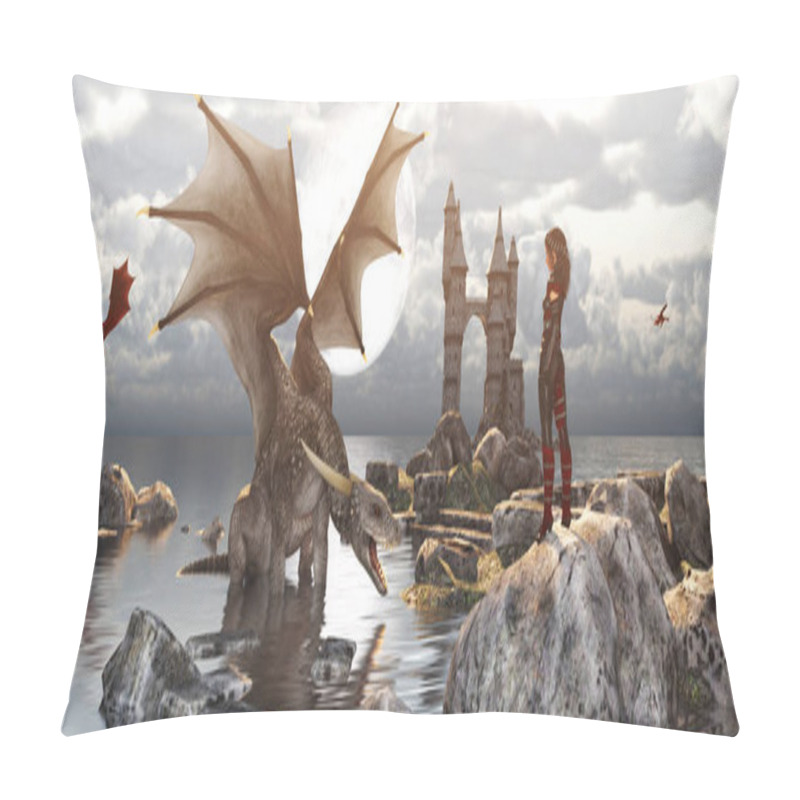 Personality  3d Fantasy Dragon Resting On The Water With Woman Or Dragon Keeper Stay On The Rock In Mythical Island,fiction Banner Concept And Ideas Pillow Covers