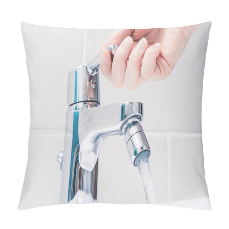 Personality  Female Hand On The Handle Of A Chrome Faucet With Running Water Pillow Covers