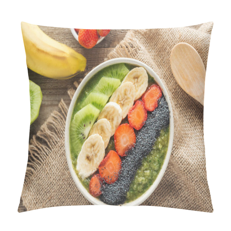 Personality  top view of fresh smoothie bowl with ingredients on sackcloth pillow covers