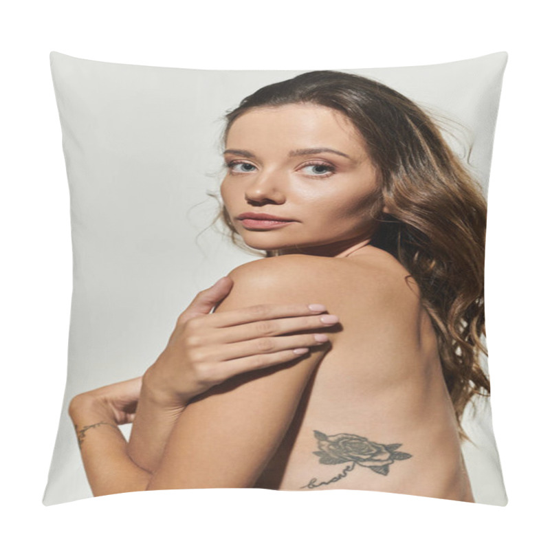 Personality  A Young Woman Exudes Confidence While Modeling Topless. Pillow Covers