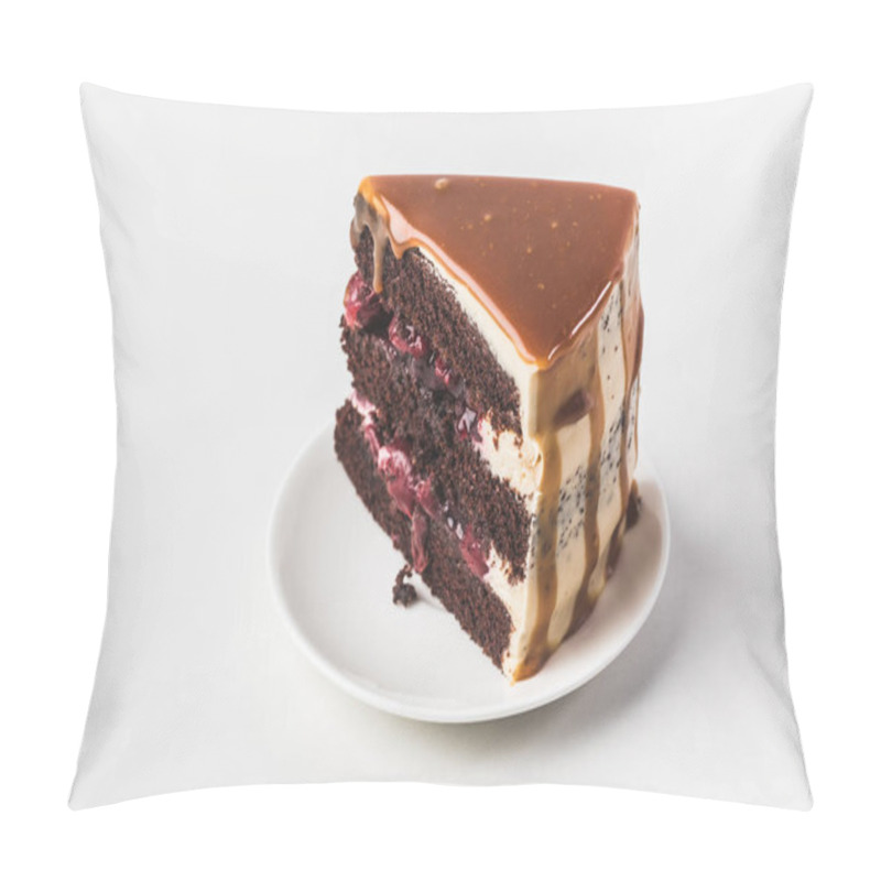 Personality  Close Up View Of Sweet Cherry-chocolate Cake With Caramel On Plate Isolated On White Pillow Covers