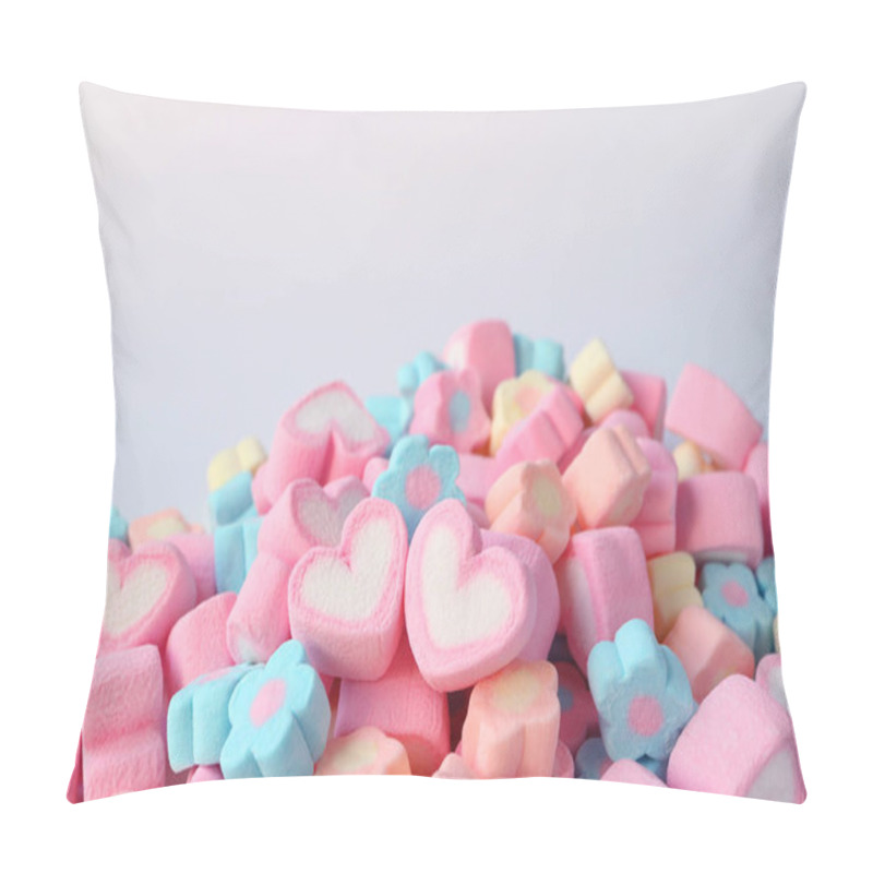 Personality  Pair Of Pink And White Heart Shaped Marshmallow On The Pile Of Pastel Color Flower Shaped Marshmallow Candies With Free Space For Text And Design Pillow Covers