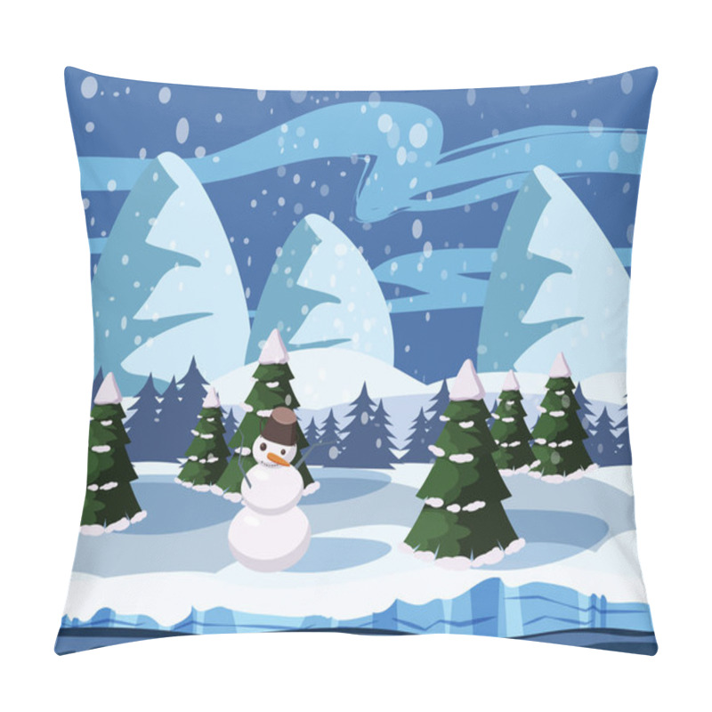 Personality  Winter Cute Landscape, Snowman, Christmas Trees In The Snow, River, Mountains, Vector, Illustration, Isolated, Cartoon Style Pillow Covers