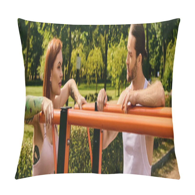 Personality  A Determined Man And Woman In Sportswear Stand Next To Each Other, Motivated During An Outdoor Workout Session. Pillow Covers