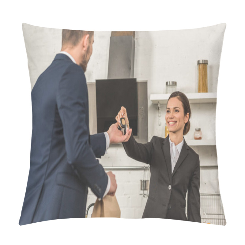 Personality  Smiling Girlfriend Giving Lunch And Car Keys To Boyfriend In Morning At Kitchen, Social Roles Concept Pillow Covers