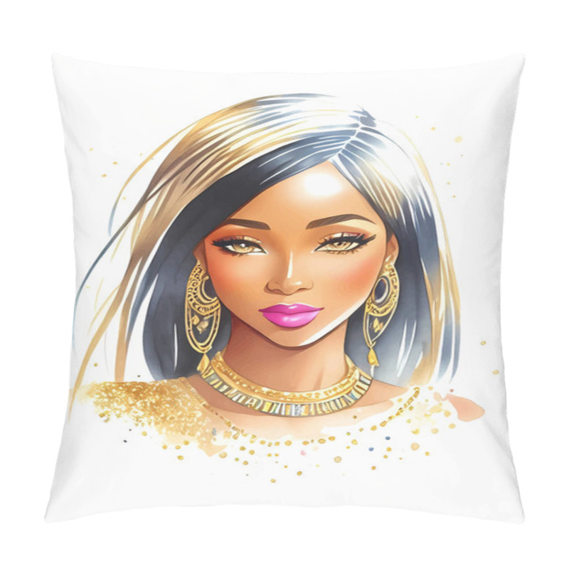 Personality  Watercolor Beauty African Woman. Painting Fashion Illustration. Hand Drawn Portrait Of Pretty Girl On White Background Pillow Covers