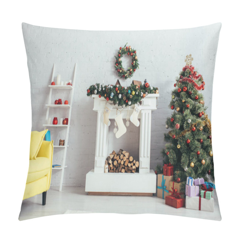 Personality  Christmas Tree, Wreath, Stockings And Fireplace In Decorated Living Room Pillow Covers