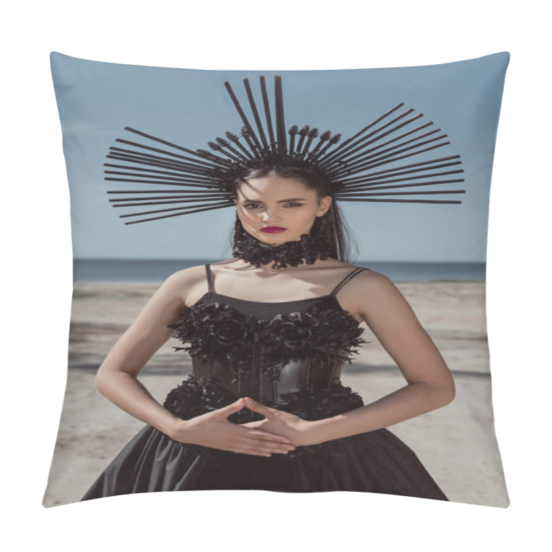 Personality  Young Woman In Witch Costume With Crown On Head Looking At Camera Pillow Covers