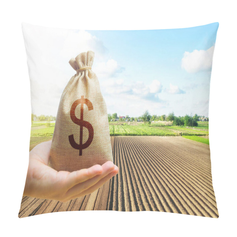 Personality  A Hand Holds Out A Dollar Money Bag On A Background Of A Farm Field. Lending Farmers And Agricultural Enterprises For Purchase Land And Seed Material, Equipment Modernization Support And Subsidies. Pillow Covers