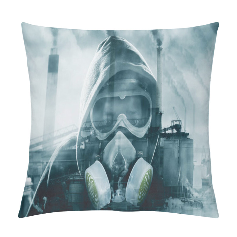 Personality  Double Exposure Of Hooded Man Wearing Gas Mask While Standing With Dark Smoke From Factory Pillow Covers