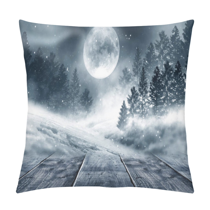 Personality  Dark Winter Forest Background At Night. Winter Snow Landscape With Wooden Table In Front. Snow, Fog, Moonlight. Dark Neon Night Background In The Forest With Moonlight. Neon Figure In The Center. Night View, Magic. Pillow Covers