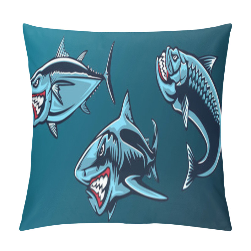 Personality  Fishing Set Of Angry Tuna, Shark And Piranha. Fishing Emblem Of Ocean Fish. Big Eye Tuna. Angry Fishing Club Logotype. Dangerous Fish. Pillow Covers