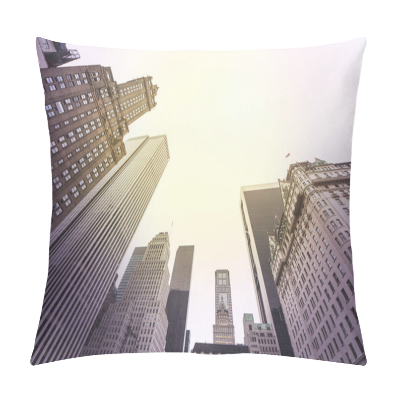 Personality  Vintage Stylized Photo Of Skyscrapers In Manhattan At Sunset, New York City, USA. View Up Of Building Pillow Covers