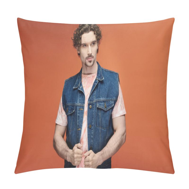 Personality  A Man Exudes Emotion While Positioned Against A Striking Orange Background. Pillow Covers