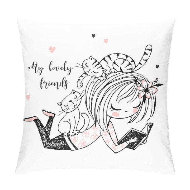 Personality  Cute Girl Reading A Book In The Company Of Small Kittens. Vector. Pillow Covers