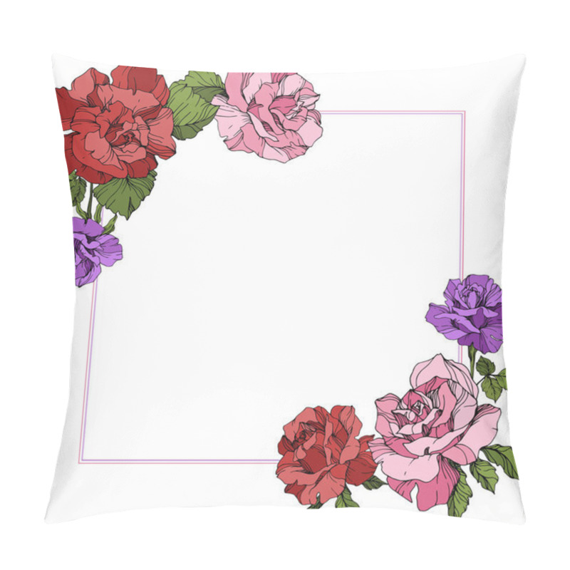 Personality  Vector. Rose Flowers Floral Square On White Background. Red, Purple And Pink Roses Engraved Ink Art. Pillow Covers