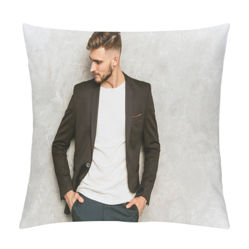 Personality  Portrait Of Handsome Hipster Lumbersexual Businessman Model Wearing Casual Black Suit. Fashion Stylish Man Posing Against Gray Wall Pillow Covers