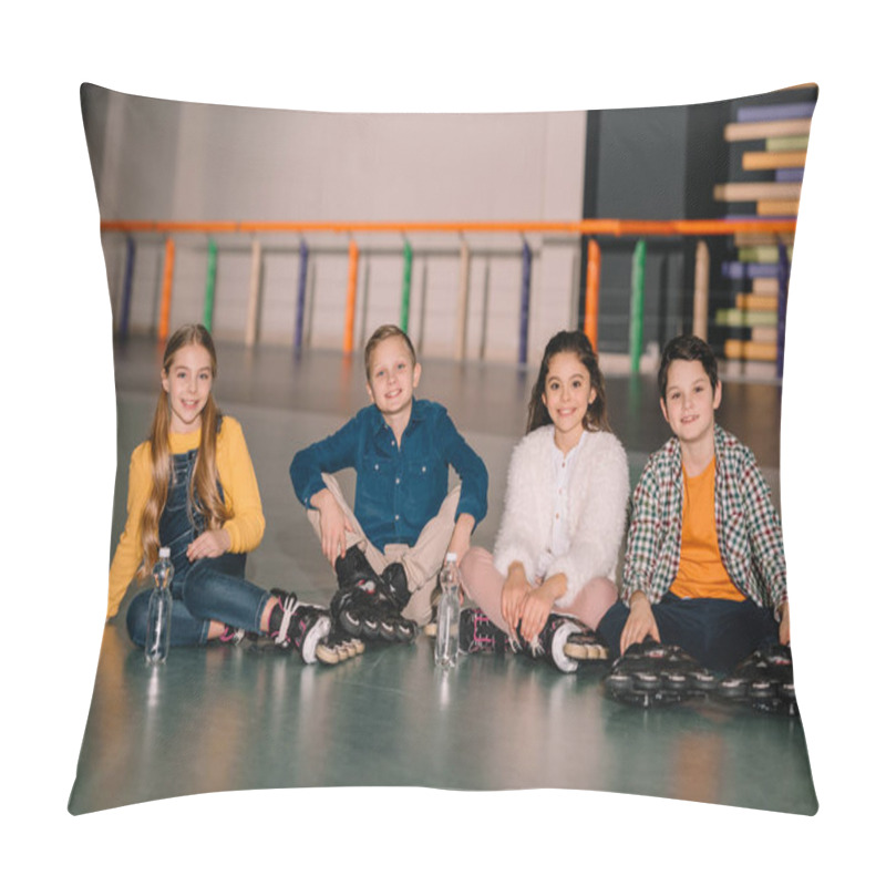 Personality  Cheerful Kids In Roller Skates Sitting On Ground Pillow Covers