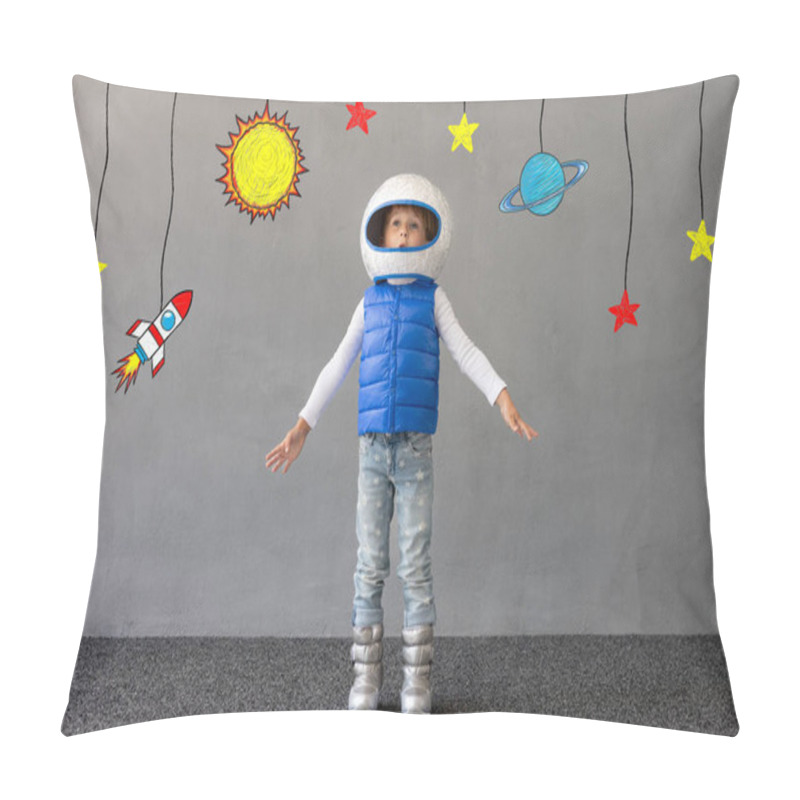 Personality  Happy Child Playing With Toy Rocket Against Concrete Wall Background. Kid Pretend To Be Astronaut. Imagination And Children Dream Concept Pillow Covers