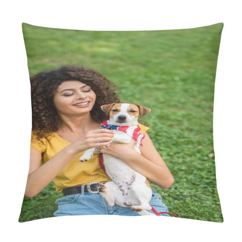 Personality  Selective Focus Of Young Woman Showing Dog At Camera With American Flag Bandana Pillow Covers