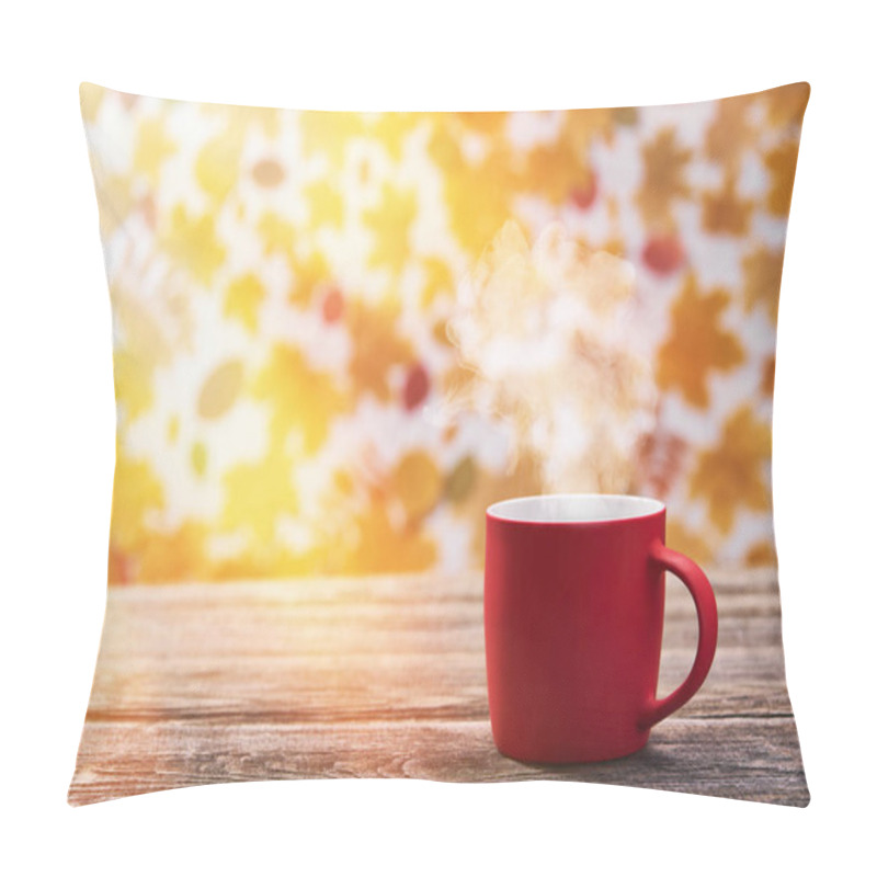 Personality  Hot  Coffee Cup On A Autumn Leaves Background. Red Coffee Mug. Pillow Covers