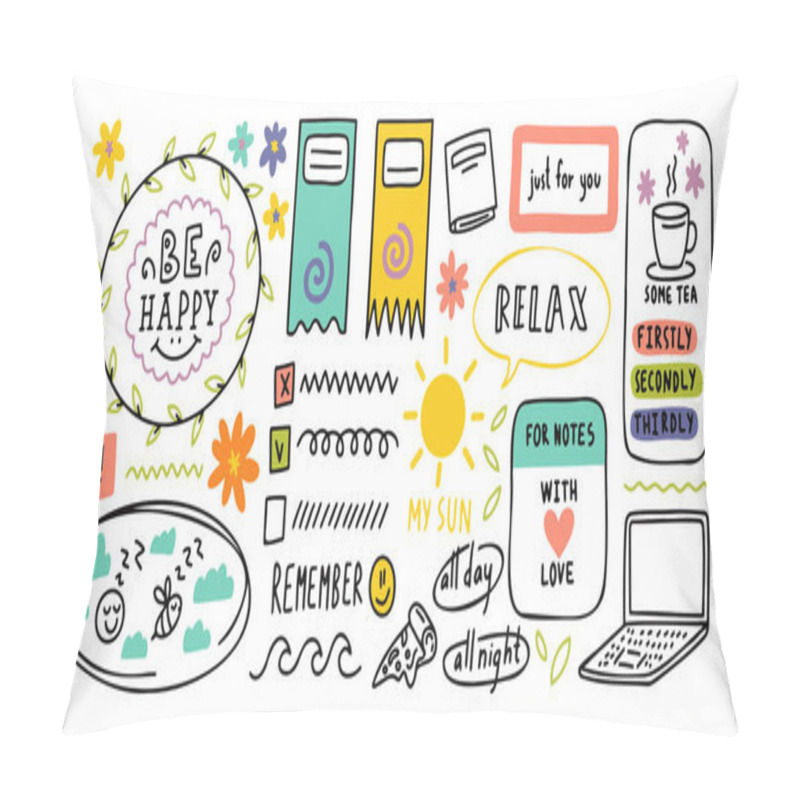 Personality  Diary Cute Note Elements. Hand Drawn Doodles Bullet Journal Banners. Pillow Covers