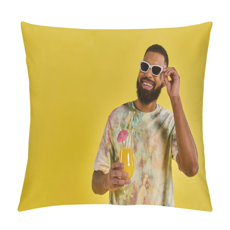 Personality  A Stylish Man In A Tie Dye Shirt Joyfully Holds A Glass Of Refreshing Orange Juice, Showcasing A Vivid And Colorful Scene. Pillow Covers