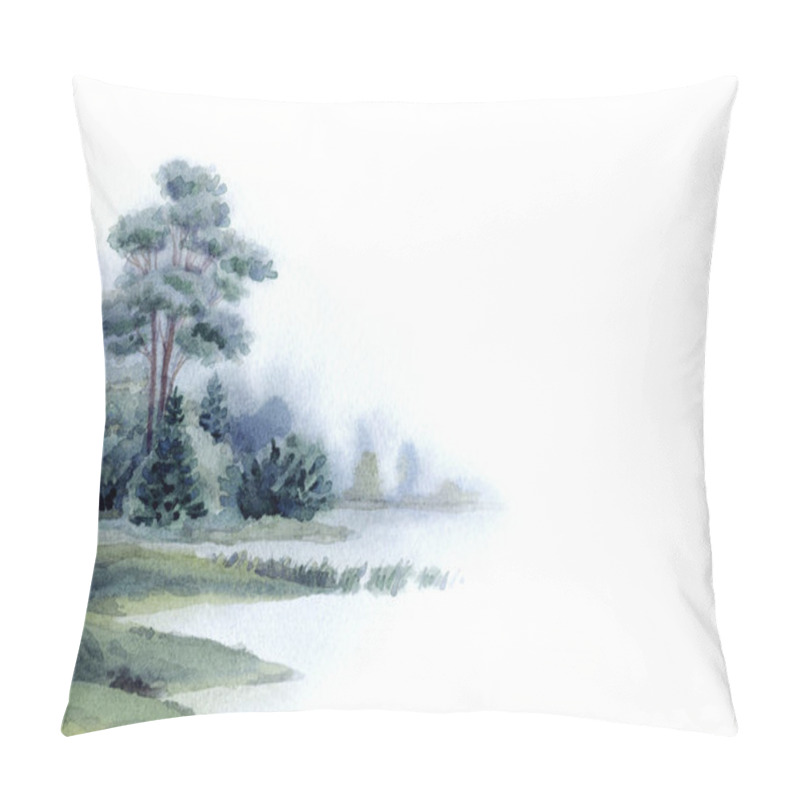 Personality  Hand Drawn Light Watercolour Artwork Paint Sketch On Paper Backdrop Text Space. Grey Color Dark Calm Rural Meadow Fall Mist Smoke Sea Scenic View. Shrub Thicket Plant Park. Haze White Creek Bay Scene Pillow Covers