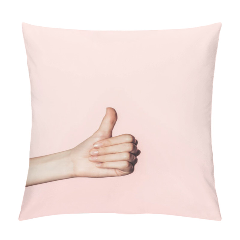 Personality   Cropped Image Of Woman Doing Thumb Up Gesture Isolated On Pink Background Pillow Covers