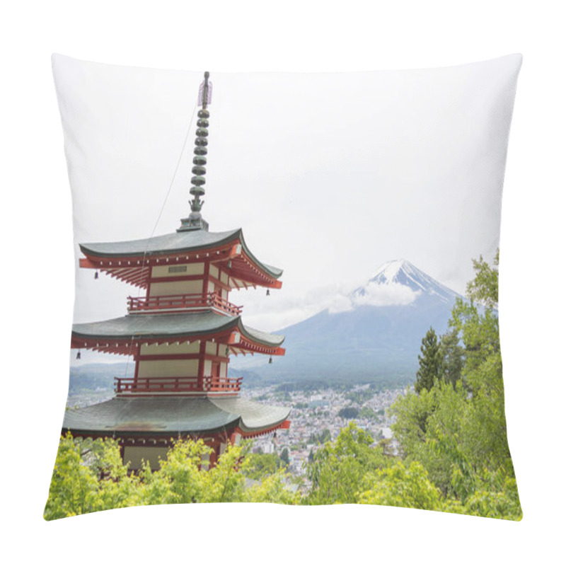 Personality  Shimoyoshida, Japan- 15 May 2024: View Of Mount Fuji With Chureito Pagoda At Arakurayama Sengen Park Mountain In Japan Pillow Covers