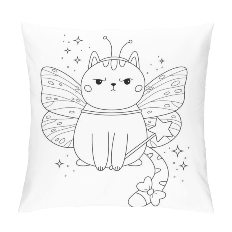 Personality  Coloring Page For Kids. Cute Kawaii Cat In Butterfly Costume. Angry Kitten. Fairy With Magic Wand. Cartoon Pet. Halloween Party. Coloring Book. Vector Illustration. Pillow Covers