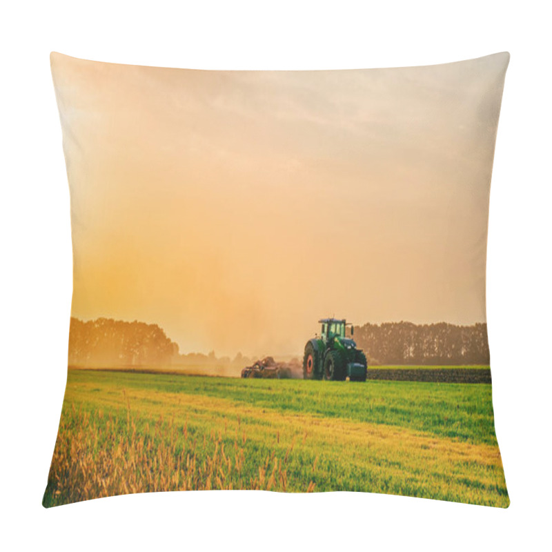 Personality  A Tractor In A Field Plows The Ground At Dawn, Sowing Grain, Sunset, Sunrise. High Quality Photo Pillow Covers