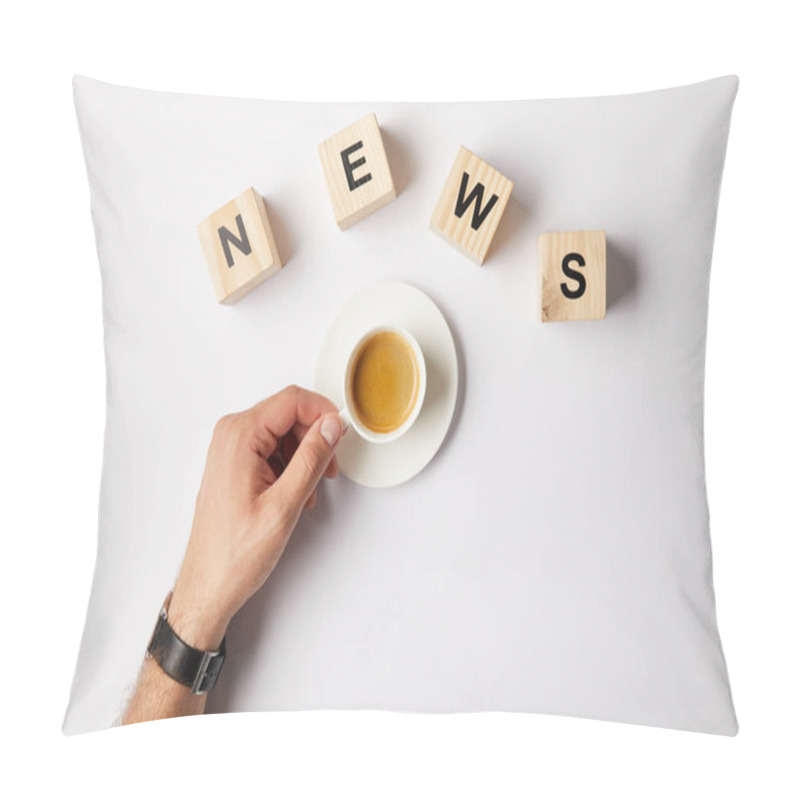 Personality  Partial View Of Person With Cup Of Coffee And Word News Word Made Of Wooden Alphabet Blocks, On White Background  Pillow Covers