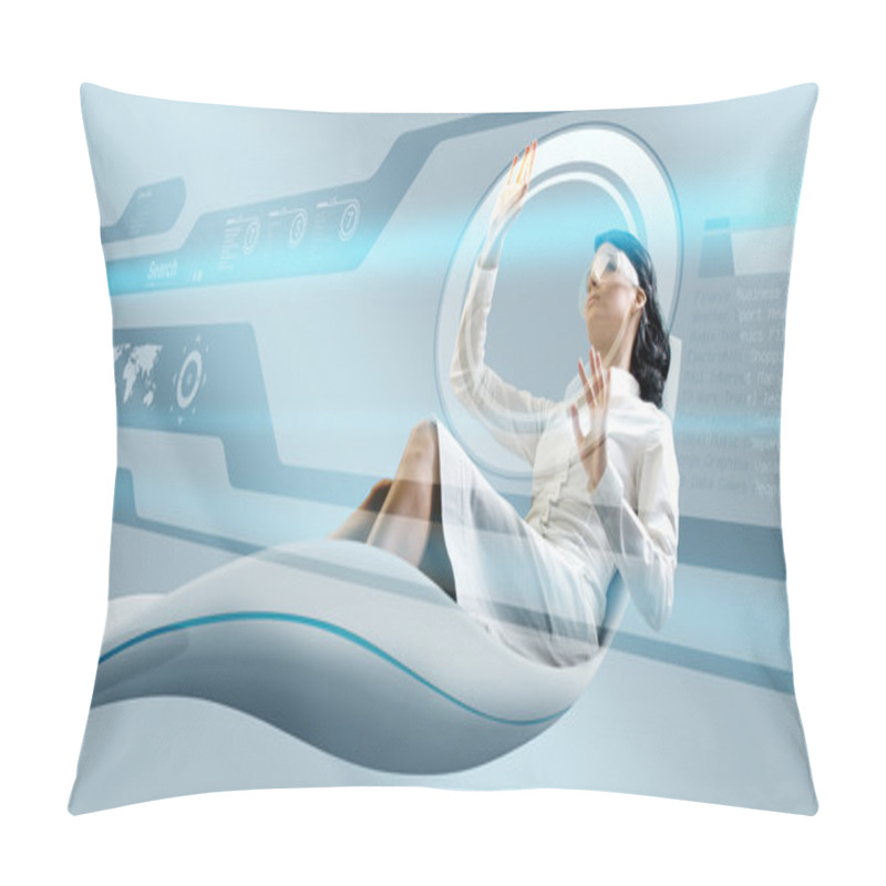 Personality  Sexy Brunette Oparating Interface In Futuristic Armchair Pillow Covers