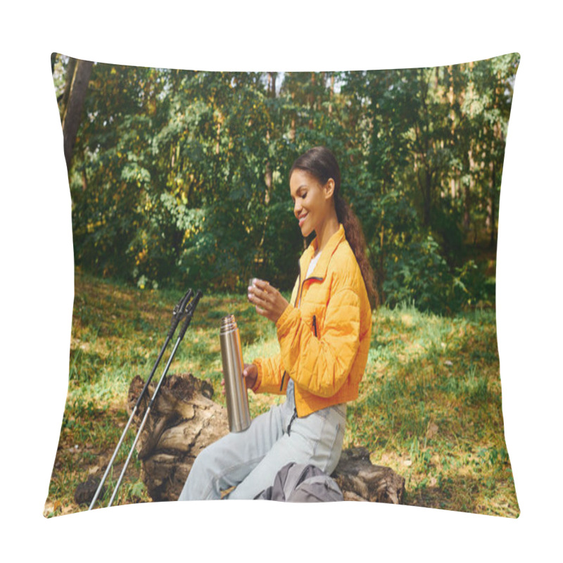 Personality  She Sits On A Fallen Log In The Forest, Savoring A Warm Beverage Surrounded By Colorful Autumn Leaves. Pillow Covers