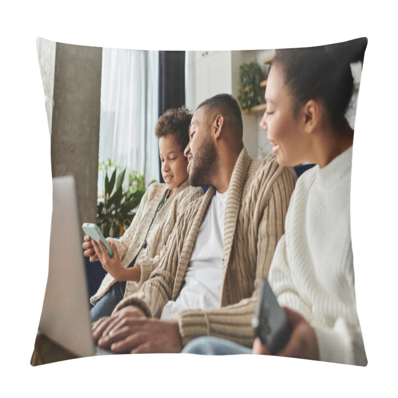 Personality  African American Family Engaged With Laptop On Couch. Pillow Covers