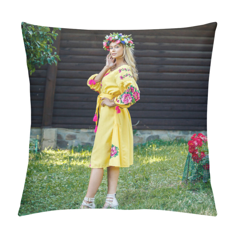 Personality  Beautiful Blonde Ukrainian Girl With Blue Eyes  In Folk Clothing. Boho Style In Fashion. Traditional And Nature  Style. National Look Pillow Covers