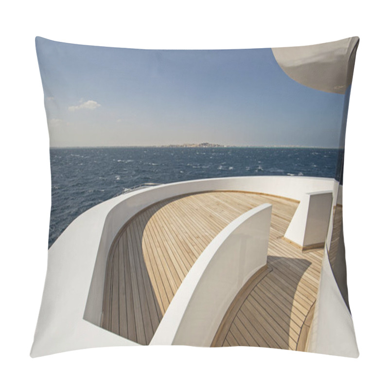 Personality  View From Teak Bow Deck Of A Large Luxury Motor Yacht With Tropical Sea View Background Pillow Covers