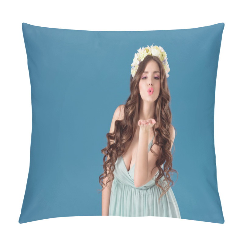 Personality  Beautiful Girl With Flowers Wreath On Head Sending Air Kiss Isolated On Blue Pillow Covers