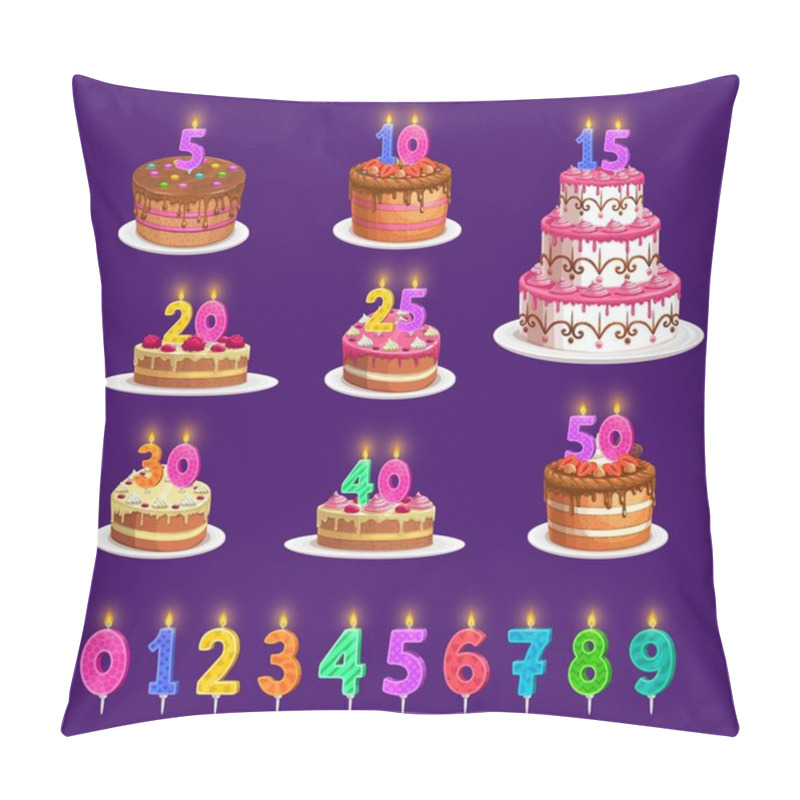 Personality  Candles On Birthday Cake With Number Age, Vector Celebration Party Icons. Happy Birthday Cupcake And Striped Candles With Fire Light Red, Blue, Orange Yellow And Green, Anniversary Candlelight Pillow Covers